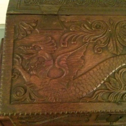 1720's Bible Box close-up of chained dragon motif